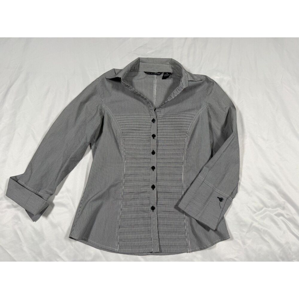 Zac & Rachel Striped Pintuck Button Down Blouse Shirt Medium Black White Cuffed